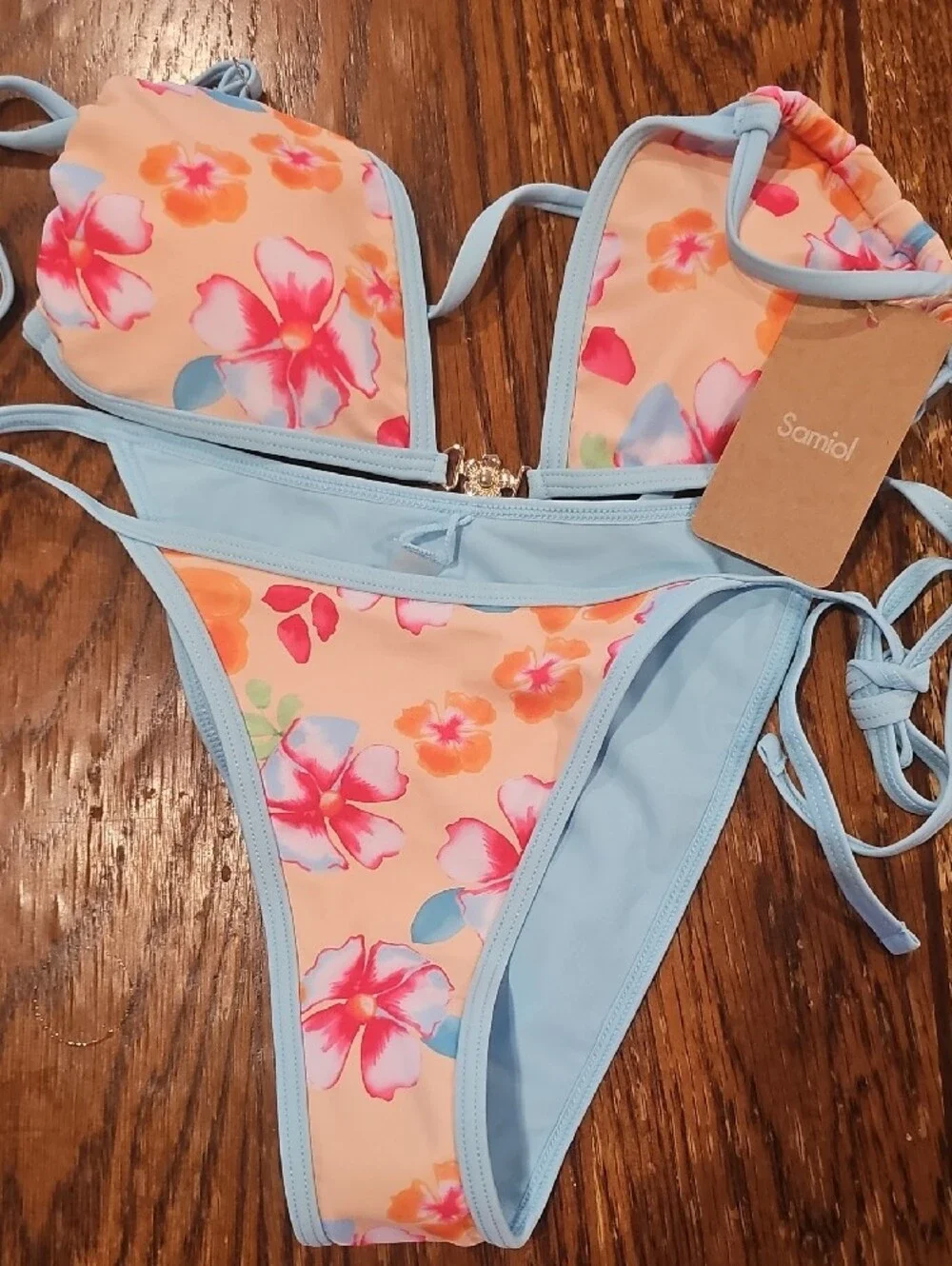 Floral Peach & Light Blue String Bikini